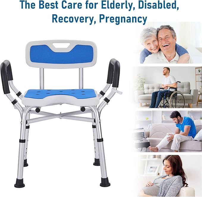 Shower Chair for Elderly and Disabled: U-Shape Shower Seat with Non-Slip Silicon Pad for Bariatric with Arms & Back, Height Adjust & 500lbs Heavy Duty Shower Chair for Inside Shower