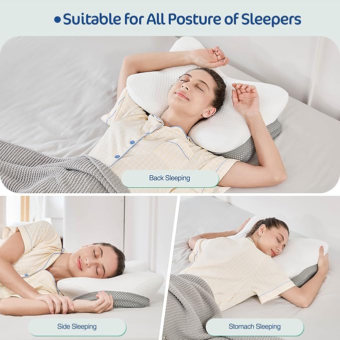 JOYENERGY Ergonomic Cervical Pillow for Neck and Shoulder Pain Relief - Memory Foam Contour Pillow with Dual Heights, Cooling Breathable Pillowcase, Orthopedic Support for Side, Back, Stomach Sleeper