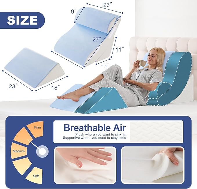 WSOFRLAC 4PCS Bed Wedge Pillow for Sleeping and Sitting Up, Orthopedic Memory Foam Pillow Set for Back Pain, Post Surgery Recovery, Acid Reflux, GERD Relief, Triangle Shape, Blue White