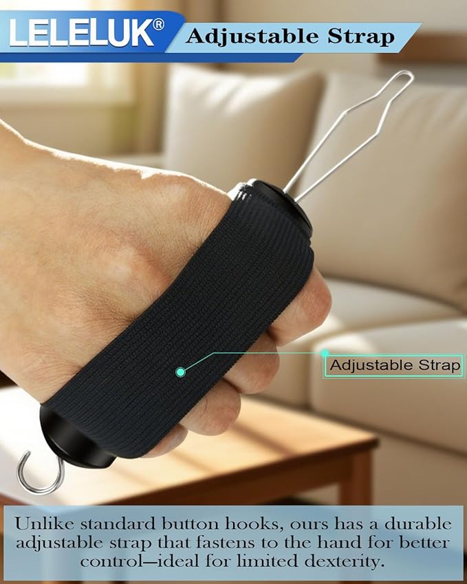 2-Pack Button Hook with Strap for One-Handed Dressing - Adaptive Clothing Aid for Seniors, Arthritis - Non-Slip Ergonomic Handle - Portable Zipper Pull Tool for Easy Buttoning