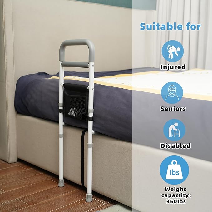 Bed Rails for Elderly Adults Safety - Adjustable Bed Assist Rail for Seniors Fall Prevention with Support Leg, Bedside Grab Bar Cane with Storage Pocket, Fits King, Queen, Full, Twin Bed