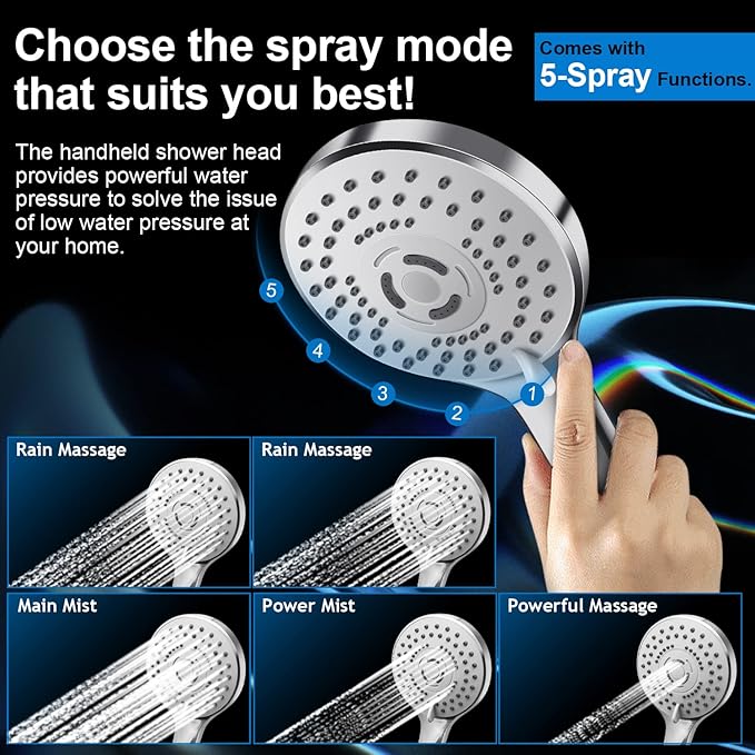 Shower Head Combo,10 Inch High Pressure Rain Shower Head with 11 in Adjustable Extension Arm and 5 Settings Handheld,Powerful Shower Spray Against Low Pressure Water with Long Hose