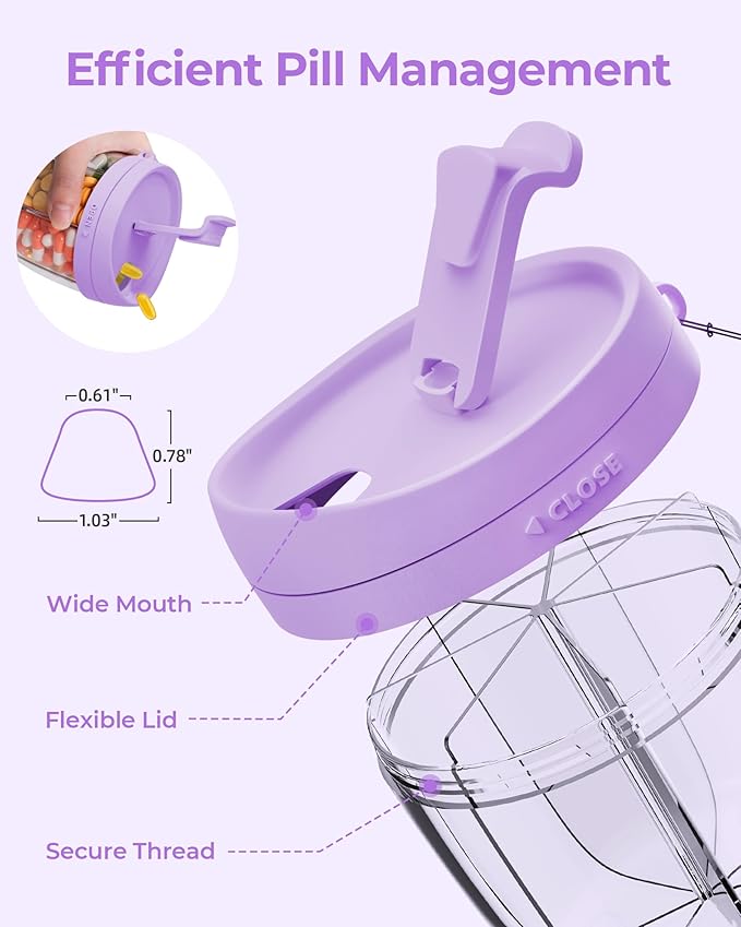 AMOOS Cute Pill Dispenser with 7 Large Compartments, Portable Pill Bottle Organizer with Wide Opening for Easy Use, Anti-Mix Pill Organizer for Travel, BPA-Free Pill Container, Purple
