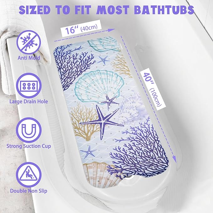 Ocean Bathtub Mat Non Slip, Cute Baby Bath Mat for Tub Rubber Tub Mat, Coral Seashells Toddler Kids Bath Mats for Bathroom Anti Slip Shower Mat with Suction and Drain Holes Machine Washable, 40″x16″