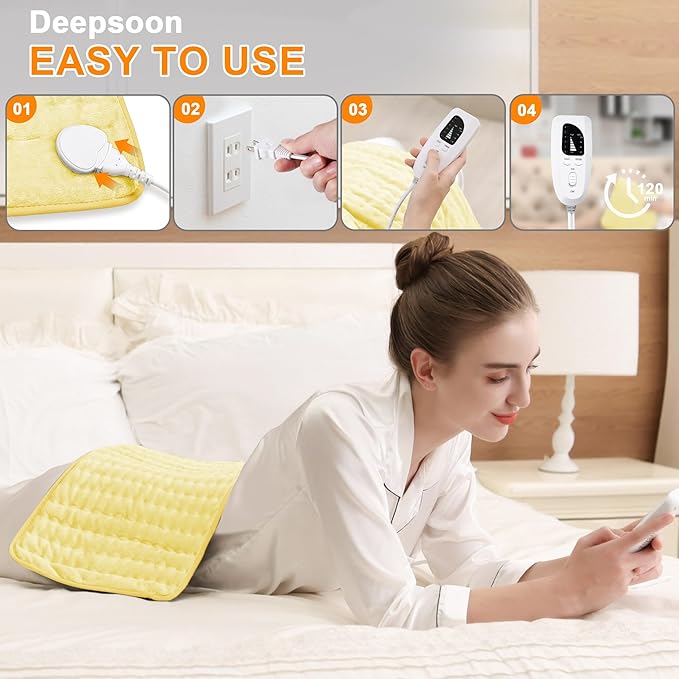 Deepsoon Heating Pad,Electric Heating Pads for Back,Neck,Moist Heating Pad for Abdomen Shoulder Knee Legs,Dry/Moist Heat&Auto Shut Off,Mother's Day Birthday for Men and Women,Light Yellow,24x12 Inch