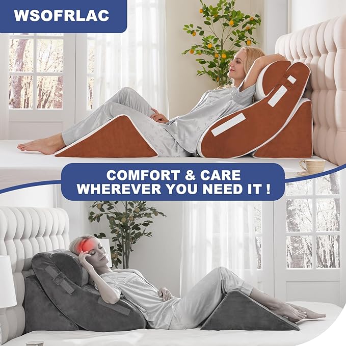 WSOFRLAC Orthopedic Bed Wedge Pillow Set 4PCS – Memory Foam Pillows for Sleeping, Post Surgery, Back Pain, Sitting Up in Bed, Acid Reflux, Snoring, Leg & Arm Support, White Brown