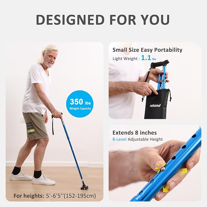 REHAND Walking Cane for Men & Women - Foldable, Adjustable, Lightweight, Self Standing Pivot Walking Cane, Soft Handle Grip, with Travel Bag, Walking Sticks for Seniors & Adults