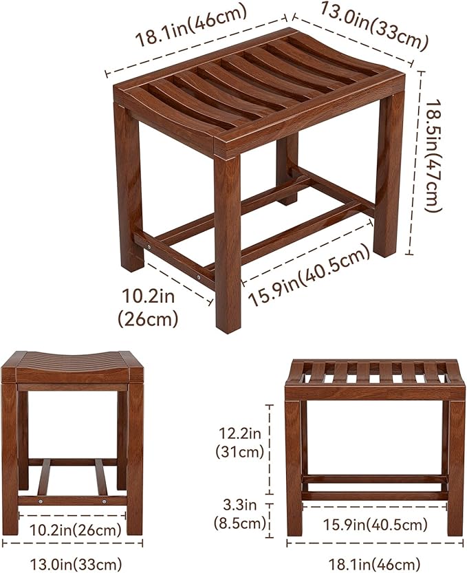 Rubber Wood Shower Bench, Non-Slip Waterproof Wooden Shower Stool for Adults & Elderly, Sturdy Bath Seat for Inside Shower or Tub – 20.08" D x 14.96" H x 6.3" W