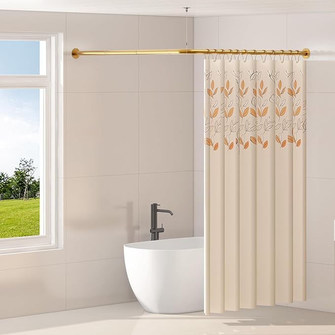 L Shaped Corner Shower Curtain Rod, 39" - 69" x 55" - 85" Adjustable 90 Degree Curved Bathroom Rod Square Rail No Sag with 12 Hooks & Ceiling Support - Gold