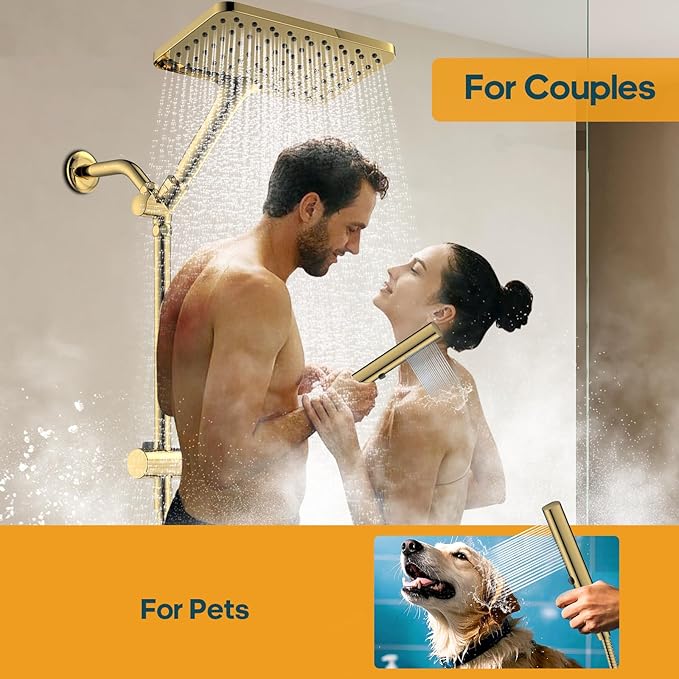 High Pressure Rain Shower Head with Handheld Combo, 10 Inch Square Rainfall Showerhead, Adjustable Slide Bar Dual Shower System, 3 Spray Modes, 59" Stainless Steel Hose, Gold