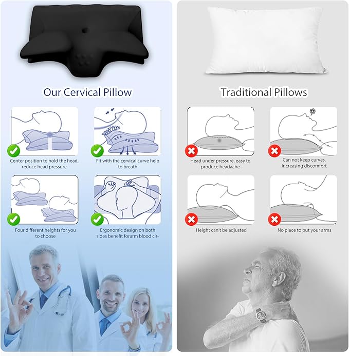 Cervical Pillow for Neck Pain Relief, Cooling Contour Memory Foam Pillows Support Odorless Ergonomic Neck Pillow Adjustable Orthopedic Bed Pillow for Side Back Stomach Sleeper,Black