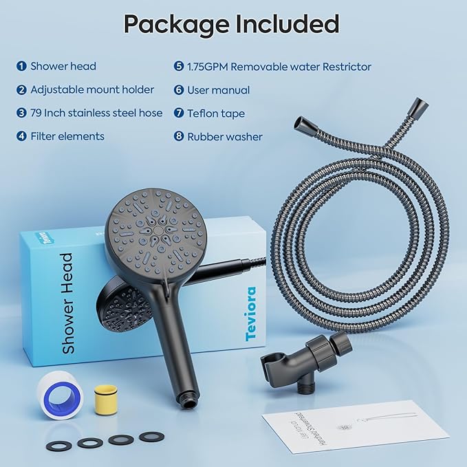 Teviora Filtered Shower Head with Handheld –High Pressure Hand Held Shower Head for Hard Water with Filters,79" Long Hose & Powerful Wide Fan Spray,Removes Chlorine and Impurities(Matte Black)