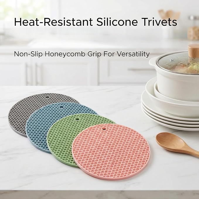 4-Pack Silicone Jar Openers and Trivet Mats, Non-Slip Gripper Pads for Seniors and Weak Hands, Round Textured Hot Pads for Kitchen Counter, Hot Dishes, and Easy Lid Opening (17.5cm)