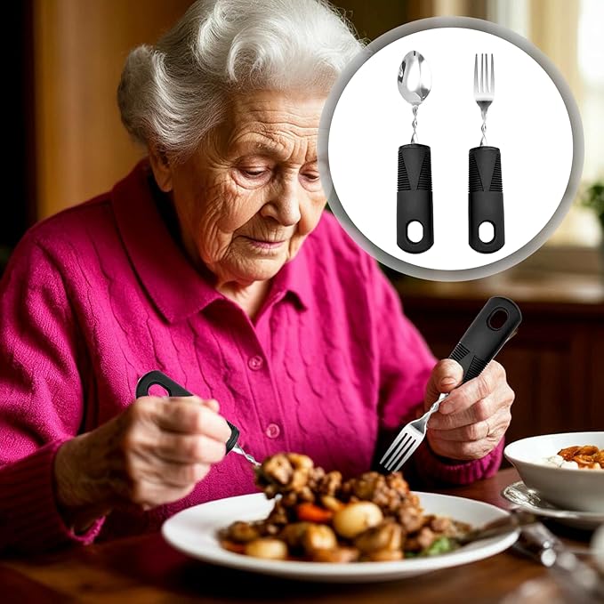 Bendable Adaptive Utensils,1 Pcs Spoon,1pcs Fork(Black),for Elderly, Disabled People, Parkinson’S, Arthritis, Hand Tremors, Weak Hand Grip & Handicapped,Convenient for Independent Eating