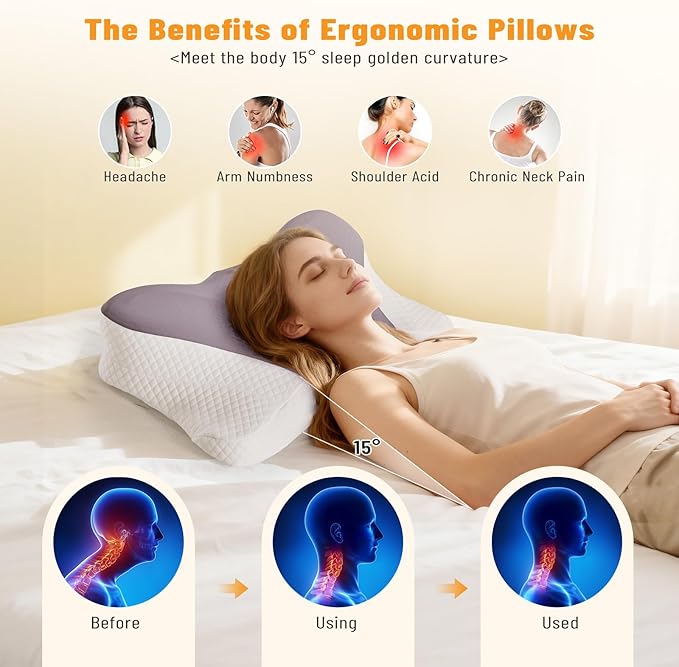 Cervical Neck Pillow, Memory Foam Pillow for Neck Pain Relief, Ergonomic Bed Pillow with Neck Support for Side, Back & Stomach Sleepers, Queen, 2PCS, Dark Grey