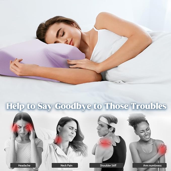 Cervical Pillow for Neck Pain Relief, Cooling Contour Memory Foam Pillows Support Odorless Ergonomic Neck Pillow Adjustable Orthopedic Bed Pillow for Side Back Stomach Sleeper with Pillowcase,Purple