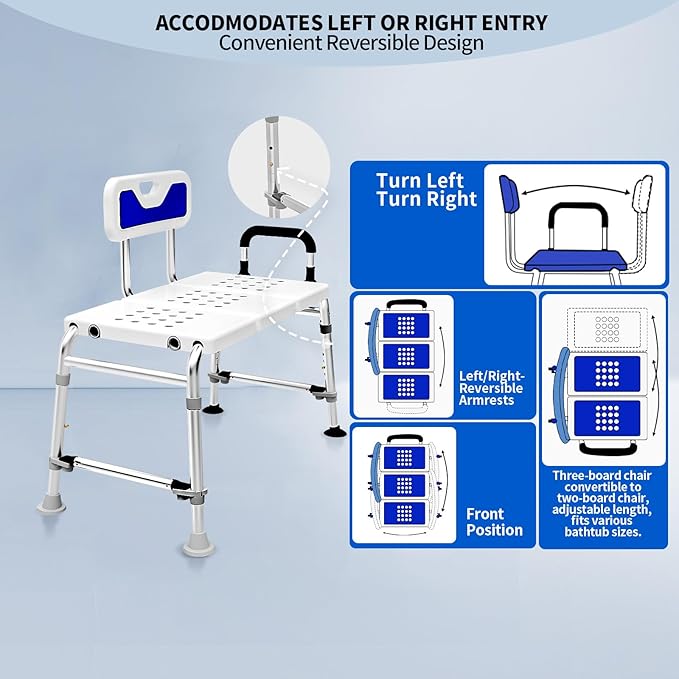 Heavy Duty Width Adjustable Bath Tub Transfer Shower Bench for Inside Tub Extended Shower Chair with Adjustable Height and Reversible Backrest Handicap Shower Chair Seat for Elderly and Disabled