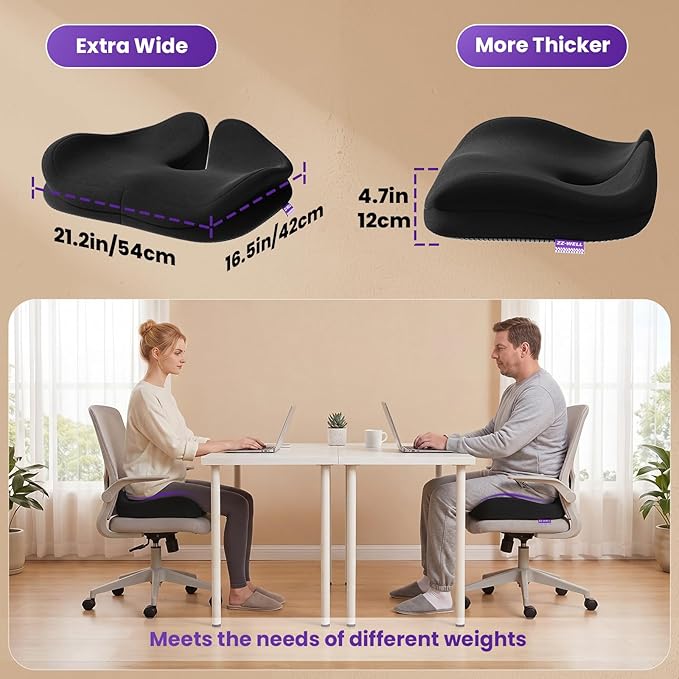 ZZ-WELL Seat Cushions for Office Chairs - Patented Coccyx Cushion for Tailbone Pain - 21.2" W x 16.5" L Memory Foam Extra Large Seat Cushion, Removable & Machine Washable Cover (Black)