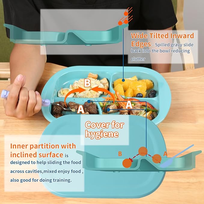 Adaptive Utensils Scoop Weighted Plate with Lid,Spill-Proof 4-Compartment Divided Plates with Extra Wall for Elderly,Non-Slip Disabled Products for Handicapped-Pack of 1