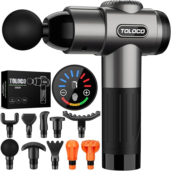 TOLOCO Massage Gun, Deep Tissue Back Massage for Athletes for Pain Relief, Percussion Massager with 10 Massages Heads & Silent Brushless Motor, Mothers Day Gifts, Grey