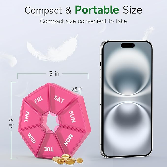 Weekly Pill Organizer, 2 Pack Portable Pill Box Medicine case 6 Colors (Seven Day) New Edition for Vitamin/Fish Oil/Pills/Supplements-Arthritis Friendly (Red)