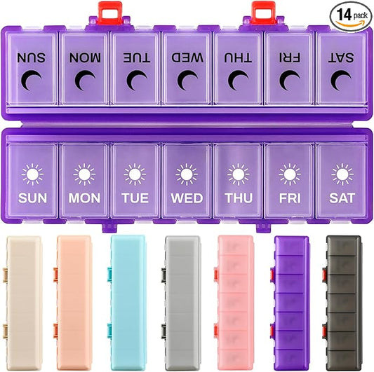Foldable Pill Organizer Weekly 2 Times a Day, 7 Day Portable AM PM Travel Pill Case with Black&White Labels, Dual-Protection Daily Medicine Box, Large Pill Holder for Vitamin/Supplement-Clear Purple