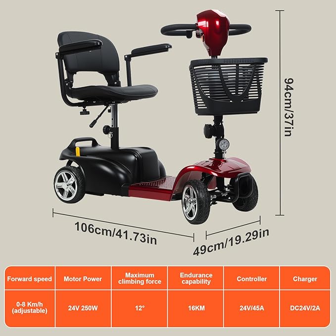 4-Wheel Electric Scooter for Adults | Long Range Mobility Scooter with Basket, Charger & 265 lbs Capacity for Seniors Outdoor Use (Red and Black)