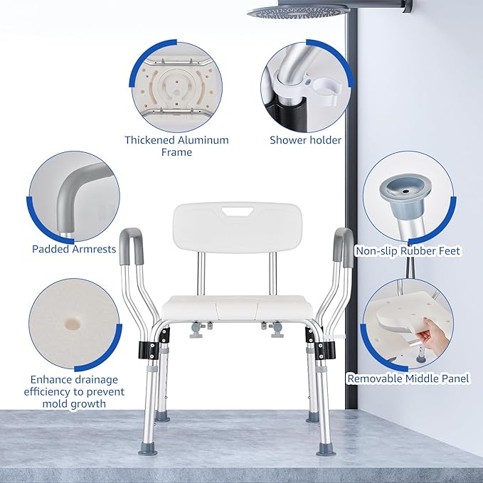 Shower Chair for Inside Shower 450 LB Heavy Duty, Handicap Toilet Chairs for Seniors with Arms, Shower Seat for Elderly and Disabled Inside Tub, Padded Bath Chairs for Shower Stall