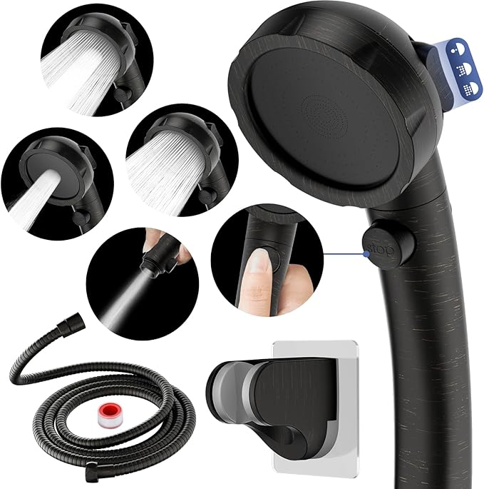 HANLIAN High Pressure Shower Head with Pause Button, 3 Spray Modes Shower Head for RV Camper, Water Saving On Off Shower, Handheld Shower Head with Hose and Holder (Oil-Rubbed Bronze)