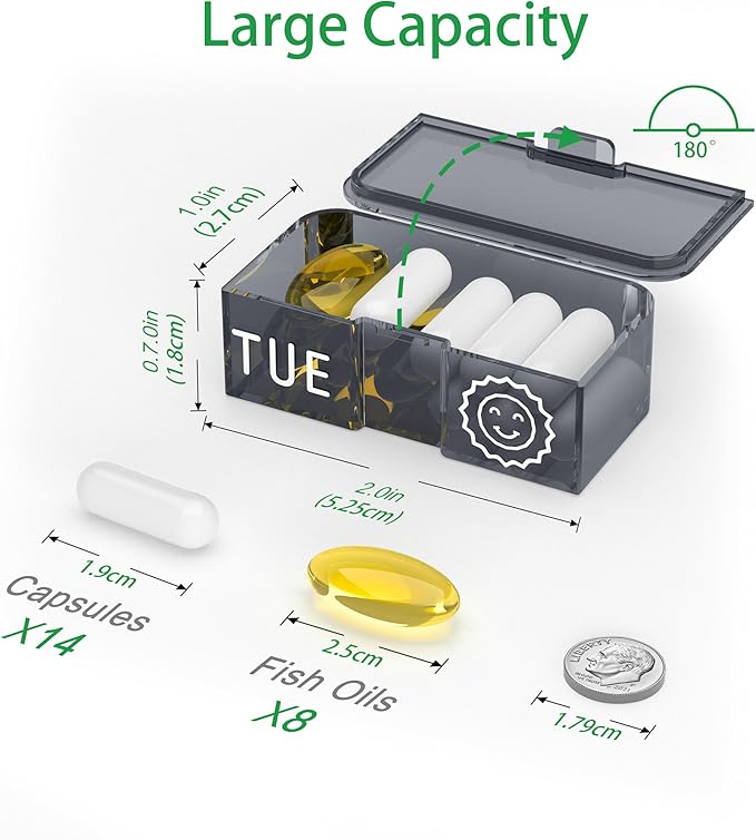 Pill Organizer 7 Day AM PM, Discreet 2 Times a Day Weekly Pill Box with Double Protection Shell, Large Capacity Portable Vitamin Case for Travel Meds & Medicine Organizer (Silver-Black)