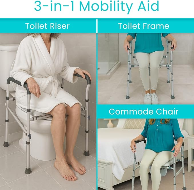 Vive Toilet Seat Riser for Seniors with Handles - Height Adjustable Raised Toilet, Safety Frame for Adults, Commode Chair, Padded Seat, Supportive Armrests (Gray)
