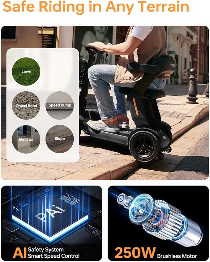 Paiseec S3 Pro Mobility Scooters for Adults, 40 Miles Long Lasting Mobility Scooter, Lightweight Travel Scooter for Seniors, 300 lbs Capacity, AI Speed Control, 250W Motor (Grey-40miles-S3)