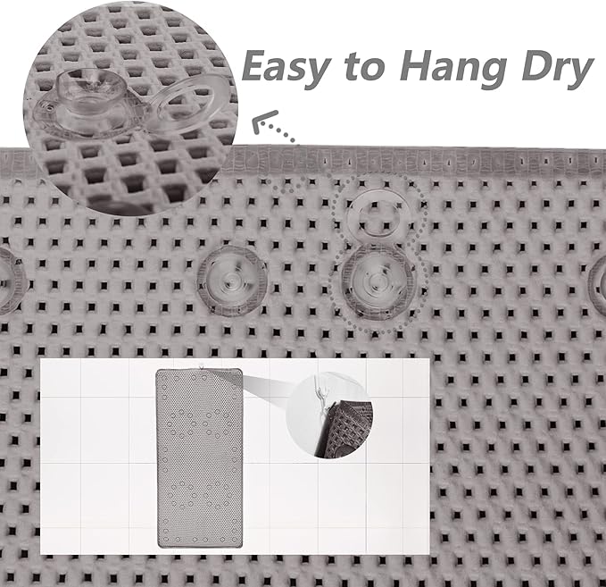 Shower and Bath Mat,Non-Slip Machine Washable and Extra Large Bathtub Mats with Drain Holes and Suction Cups Soft Foam Tub Mats-36” X 17”,Grey