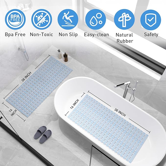XIYUNTE Shower Mat Non Slip Bath Mat for Tub - 36 x 16 Inch Bathtub Mat Non Slip Shower Mats for Inside Shower, TPE Bath Mat with Suction Cups and Drain Holes, Easy to Cut, Blue