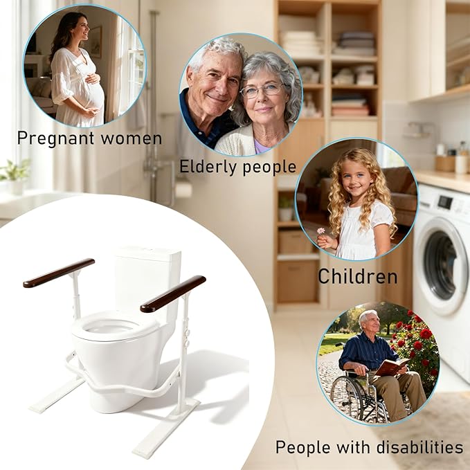 Toilet Safety Rails for Seniors - Toilet Safety Frame with Nighttime Reflective Armrests & Base, 3-Speed Height Adjustment, Toilet Safety Frames & Rails Fits Most Toilets, 3-Hole Depth Adjustment