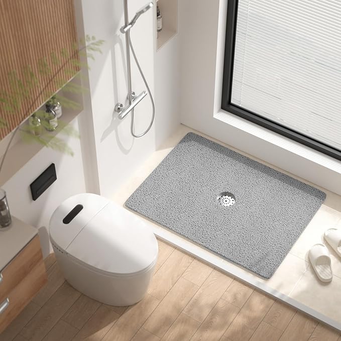 HITSLAM Shower Mat, 32 x 24 Inch Non Slip Bath Mat for Tub, Soft PVC Loofah Bathtub Mats with Drain Holes, Quick Drying Bathroom Stall Floor Mat, Bathroom Accessories Without Suction Cup, Grey