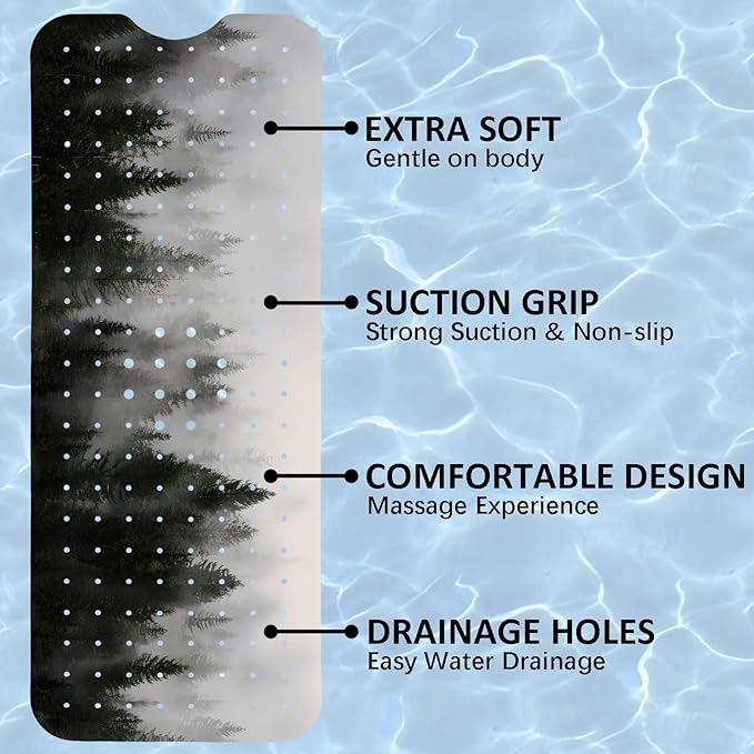 Misty Forest Bathtub Mat Non Slip, Baby Bath Mat for Tub Rubber Tub Mat, Kids Bath Mats for Bathroom Nature Trees Anti Slip Shower Mat with Suction and Drain Holes Machine Washable, 40″X16″