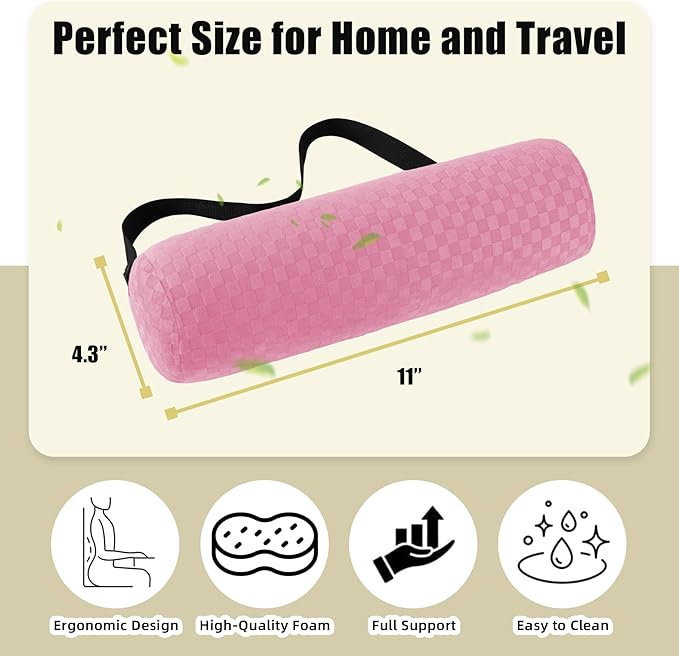 Lumbar Roll Pillow for Lower Back, Lumbar Support Foam Roll Cushion with Pillowcase and Upgraded Strap for Office, Chair, Car, Seat Pain Relief & Improving Posture (Pink, Short-11 * 4.3'')