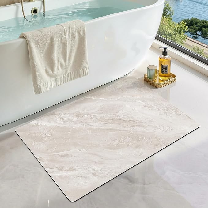LUMI Ultra Thin Bath Mat, Super Absorbent Quick Dry Bathroom Rugs, Non-Slip Bathroom Mats, Marble Bathmats Fit Under Door, Bathtub, Sink, Shower Room, 24"x36", White Marble