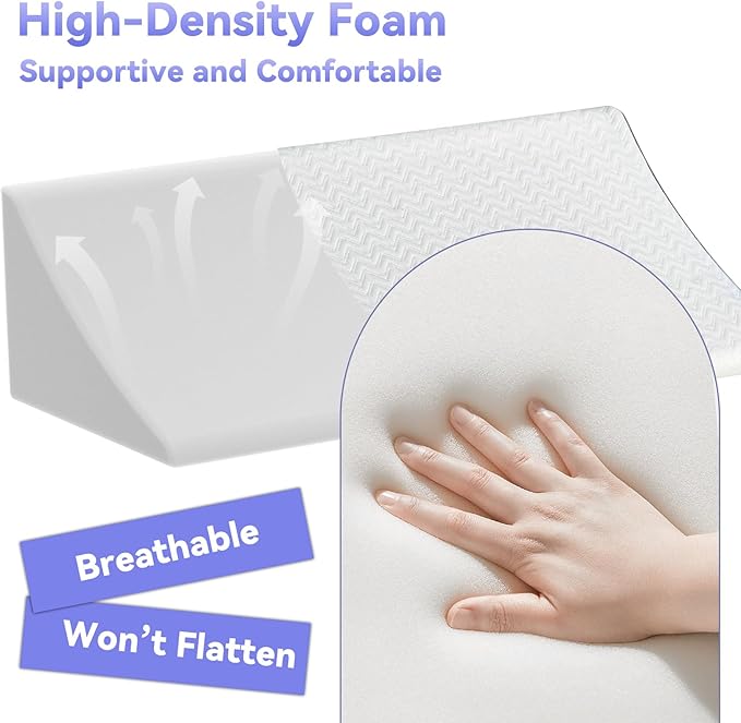 Vekkia Wedge Pillow for Side Sleeping, Ergonomic Back Support Pillow with High-Density Foam for Pregnancy Support, Back Pain, Preventing Bedsores, Surgery Recovery, Removable Cover, White/Gray