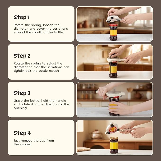 Mcbazel 4-in-1 Adjustable Jar Opener for Seniors with Weak Hands, Lightweight ABS & Stainless Steel Teeth Bottle Opener, Multi-Functional Lid Remover for 0.6"-3.5" Caps & Beer Bottles