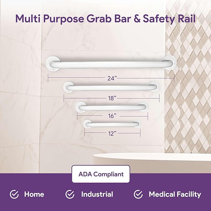 White 24 Inch Grab Bars for Bathtubs and Showers - Powder Coated Steel Bathroom Safety Rail Handle - Non Slip Grip Handicap Grab Bar for Seniors, 250 lbs Weight Support Capacity