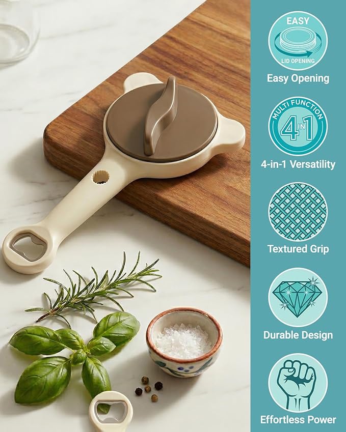 Jar Opener, 4-in-1 Adjustable Jar Openers for Seniors Arthritis Sufferers and Weak Hands, Stainless Steel Can Opener for Jars, Cans, Bottles, Beer Caps, Easy Grip Kitchen Tool (Beige)