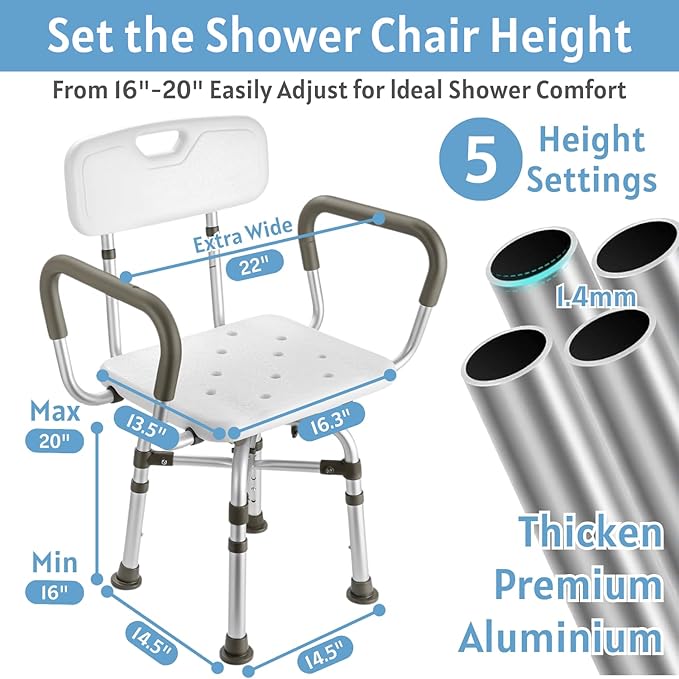 Swivel Shower Chair for Elderly and Disabled - Heavy Duty 500 lbs Shower Chair with Arms & Back for Inside Shower - 360° Rotating, Height Adjustable, Reinforced Bath Tub Bench Stool Seat