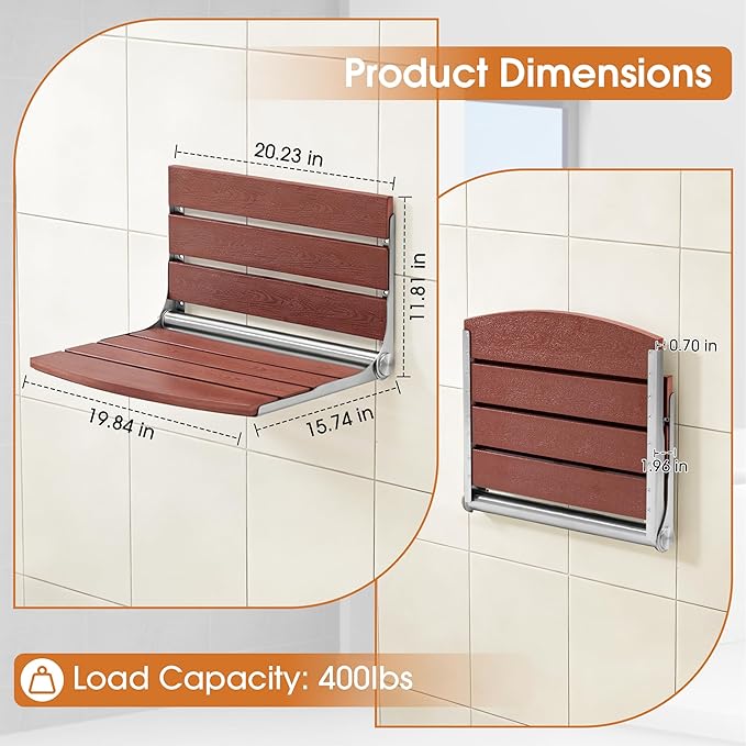 20" Folding Shower Seat, Fold Down Shower Seat Wall Mounted, Stainless Steel Frame with HDPS Seat, 400 lb Load Capacity, Folding Shower Bench for Seniors & Elderly (Red)