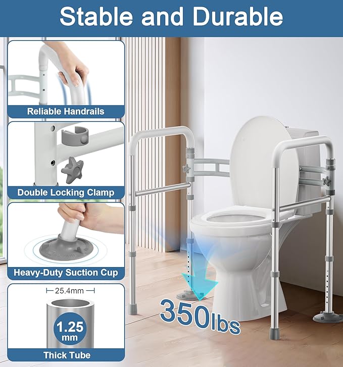 Toilet Safety Rails for Seniors (350 LBS), Adjustable Toilet Safety Frame for Elderly and Disabled, Foldable Handicap Toilet Assistance Rail Fits Most Toilets, White
