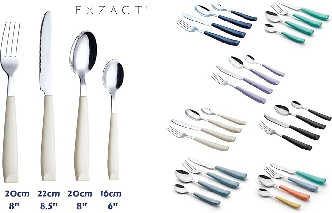 EXZACT 16-Piece Flatware Set for 4 – Colored Stainless Steel Cutlery with Wide Plastic Handles – Comfortable Tableware: Forks, Knives, Spoons, Teaspoons