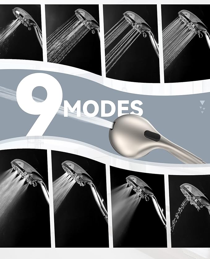 JDO Shower Head with Handheld, High Pressure Handheld Shower Head 9 Settings, Detachable Shower Head Set with Stainless Steel Hose and Shower Bracket (Brushed Nickel)