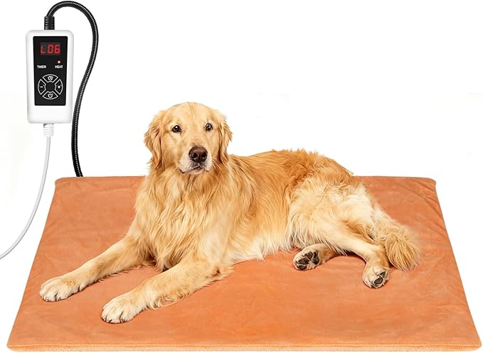 RIOGOO Pet Heating Pad, Electric Heating Pad for Dogs and Cats with Timer, 6 Level Adjustable Temperature Dog Heated Blanket (Brown, L:35‘’x22‘’)