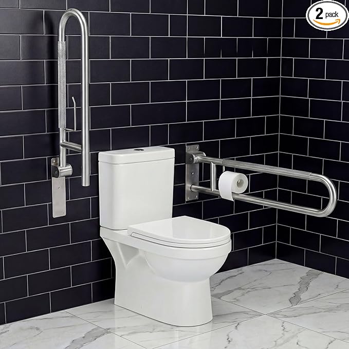 Zonon 2 Pack Flip Up Toilet Safety Rails, Anti Slip Extra Long Handicap Grab Bar with Paper Holder, Heavy Duty Bathroom Support Rail for Elderly Disabled Pregnant (Stainless Steel,30.3 Inch,Classic)